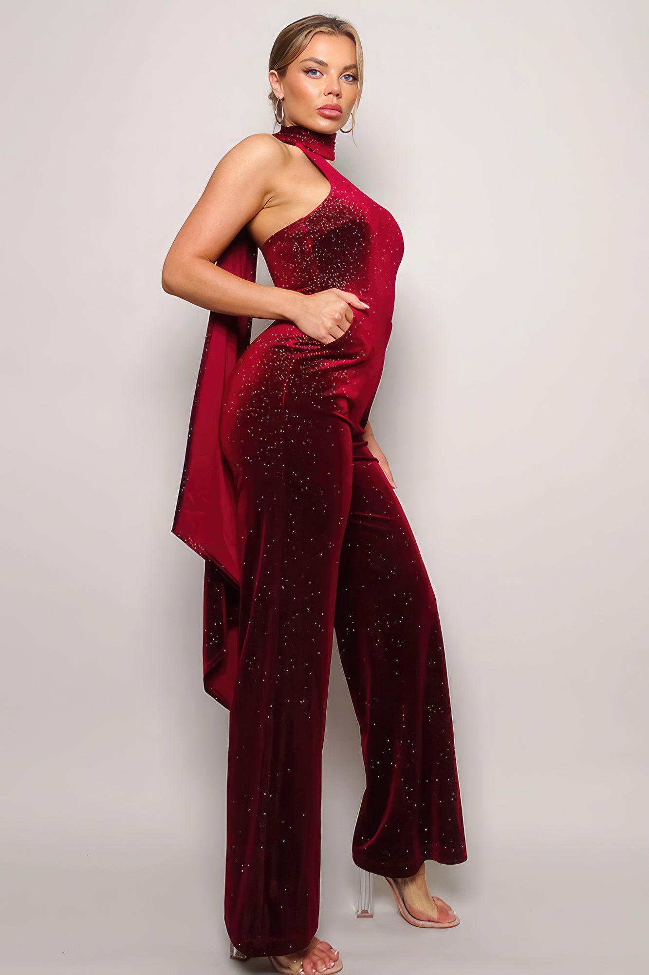 Scarf Top Glitter Velvet Jumpsuit